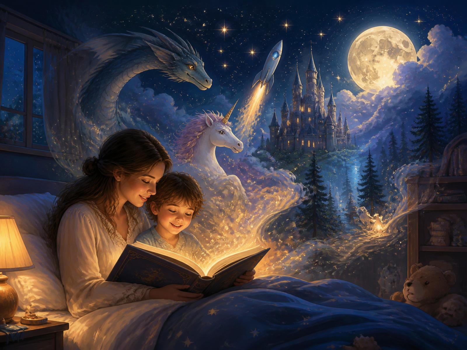 Ein Elternteil und ein Kind lesen bei Kerzenschein ein leuchtendes Märchenbuch, aus dem Drachen, Einhörner, Schlösser und eine Rakete hervortreten