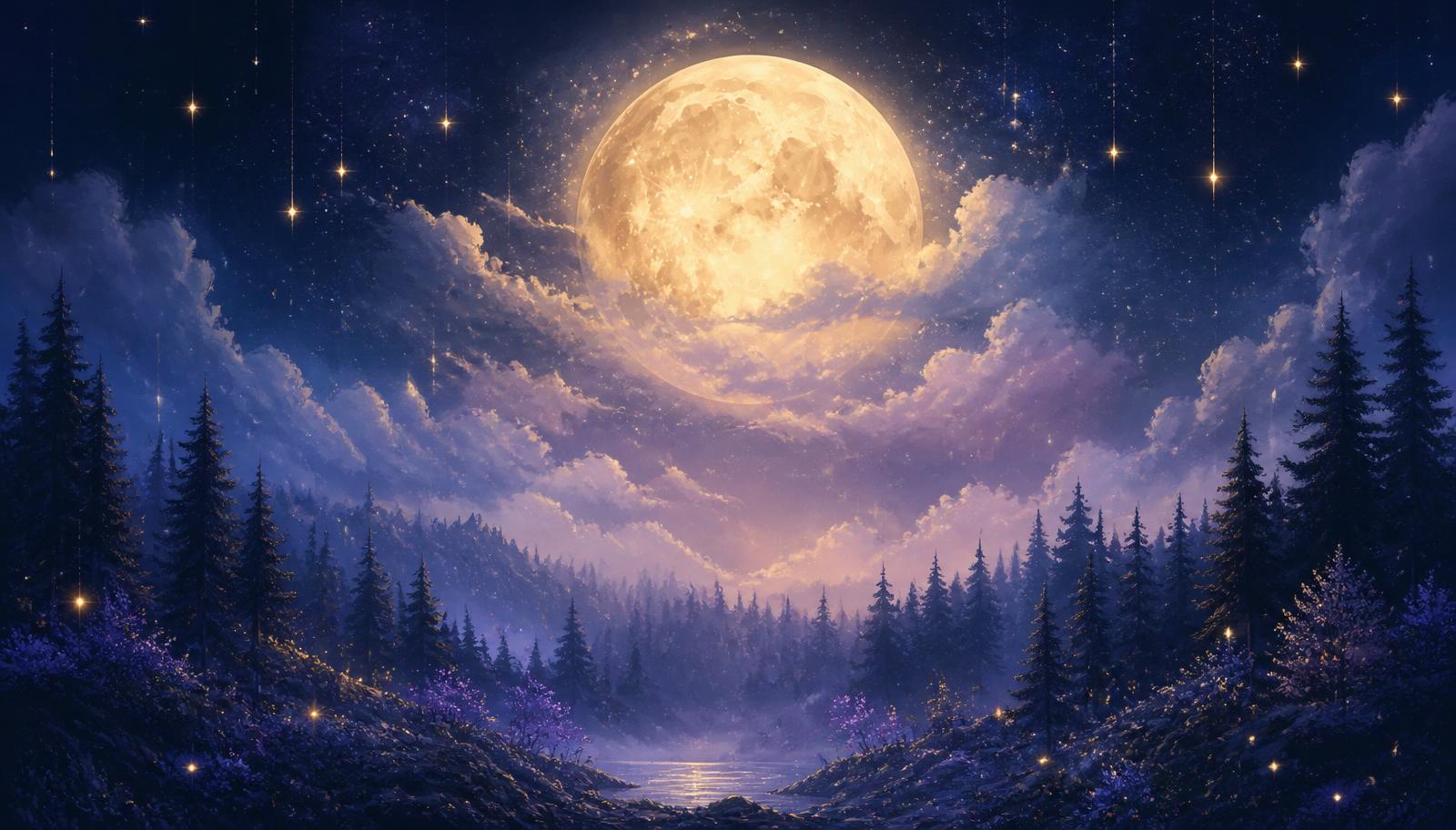 Ein leuchtender Vollmond geht über einem verwunschenen Wald und ziehenden Wolken auf